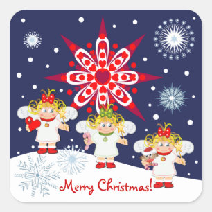 Etiqueta bonito do Natal com texto, anjos & neve