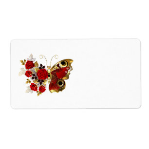 Etiqueta Borboleta de flor vermelha com rosas vermelhas