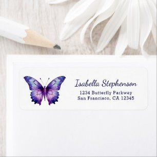 Etiqueta Borboleta Simples de Aquarela Roxa para Endereço d