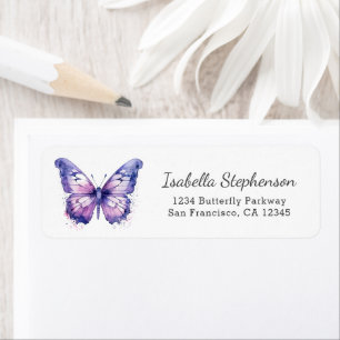 Etiqueta Borboleta Simples de Aquarela Roxa para Endereço d