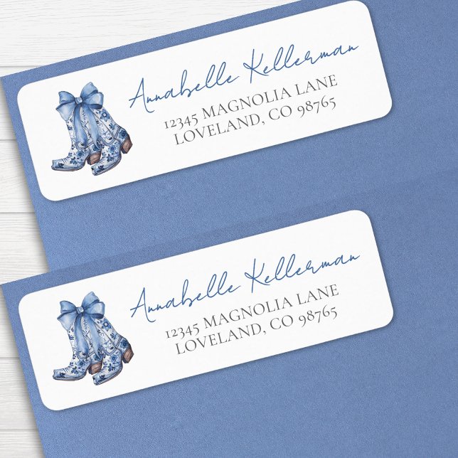 Etiqueta Botas de Cowboy Country Bow Endereço de Devolução (Country Blue Bow Cowboy Return Address label)