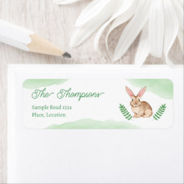 Etiqueta Brown Watercolor Bunny Rabbit With Green Spring