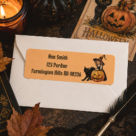 Etiqueta Bruxa de Halloween Vintage & Gato Preto