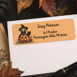 Etiqueta Bruxa de Halloween Vintage & Gato Preto