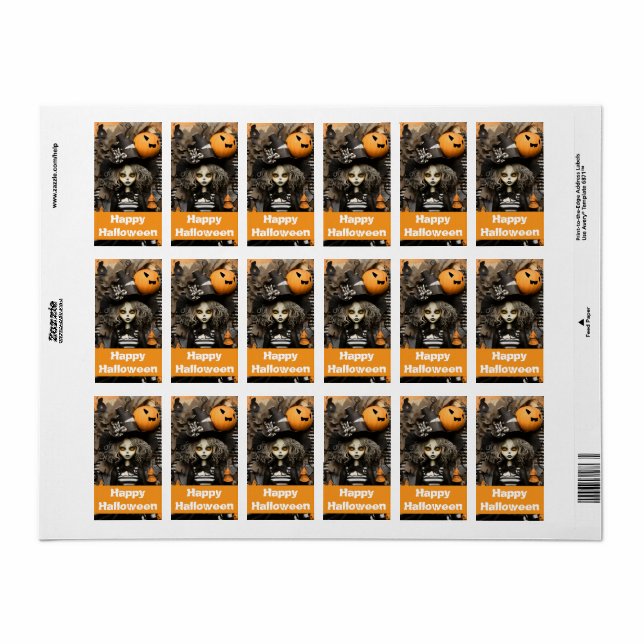 Etiqueta bruxa do Halloween com abóboras (Toda a folha)