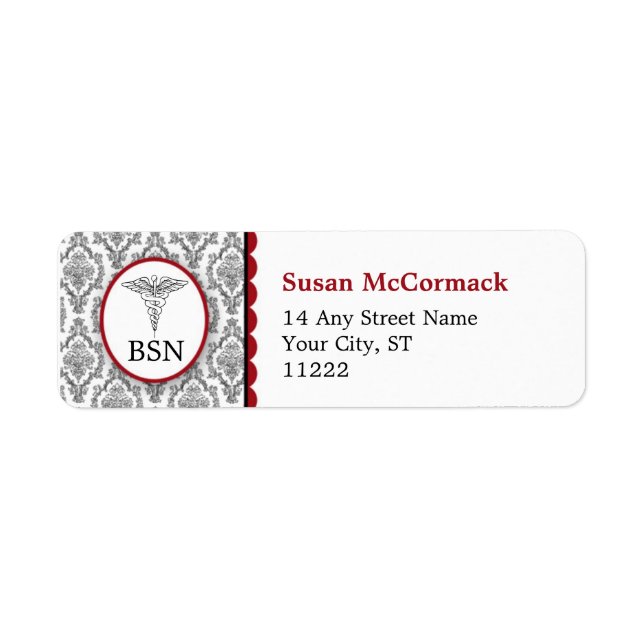 Etiqueta BSN RN LPN Damask Caduceus Black Burgundy (Frente)