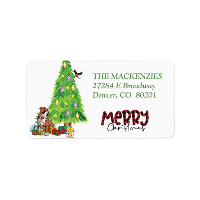 Etiqueta BullDog embrulhado em luzes de férias Endereço de  (Frente)