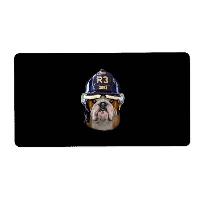 Etiqueta Bulldog Inglês Grumpy Vestindo Helmet para Bombeir (Frente)