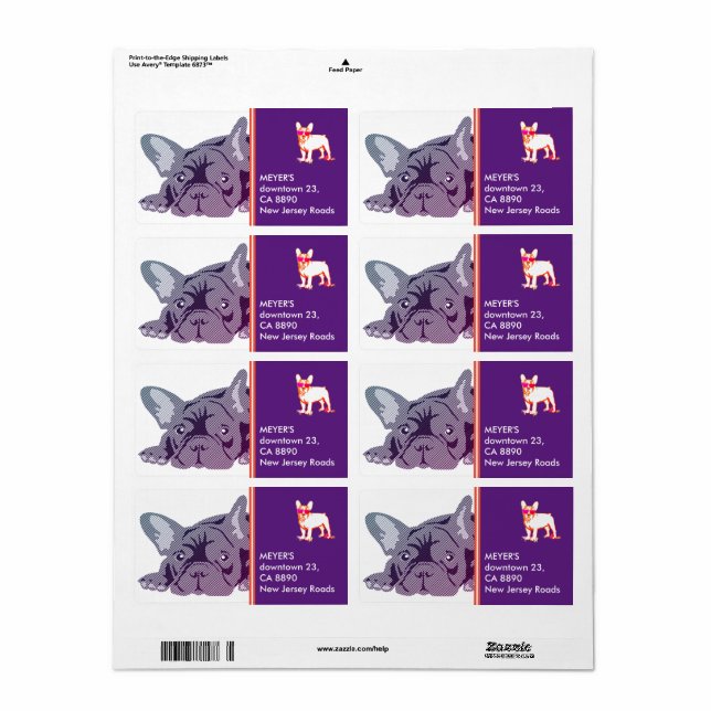 Etiqueta Bulldogue Francês Roxo de Linhas (Toda a folha)