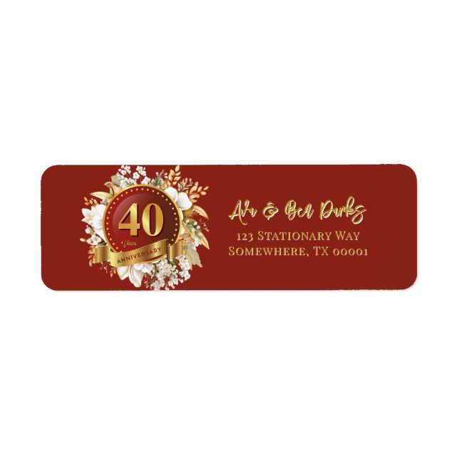 Etiqueta Burgundy E Dourada Floral 40º Aniversário De Casam (Frente)
