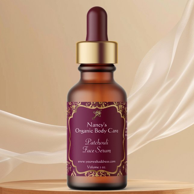 Etiqueta Burgundy & gold foil damask dropper bottle label (Criador carregado)