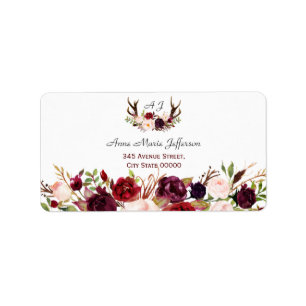 Etiqueta Burgundy Marsala Floral Antlers Monogramas