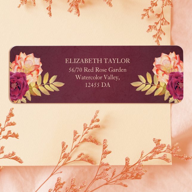 Etiqueta Burgundy Rustic Fall Boho Floral Endereço (Burgundy Rustic Fall Boho Floral Wedding Address Label)