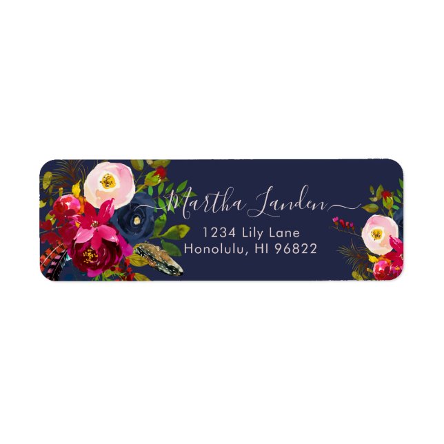 Etiqueta Burgundy Watercolor, Boho Flowers (Frente)