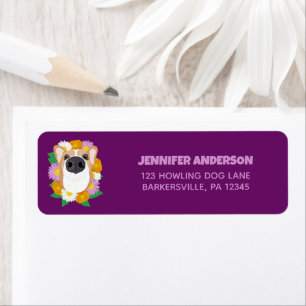 Etiqueta Cachorro Corgi com Flores Endereço de Retorno Roxo