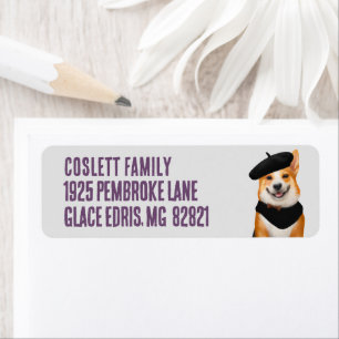 Etiqueta Cachorro Galês Corgi Vestindo Beret e Bandana