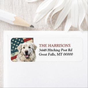Etiqueta Cachorro Great Pyrenees com Bandeira dos EUA Grung