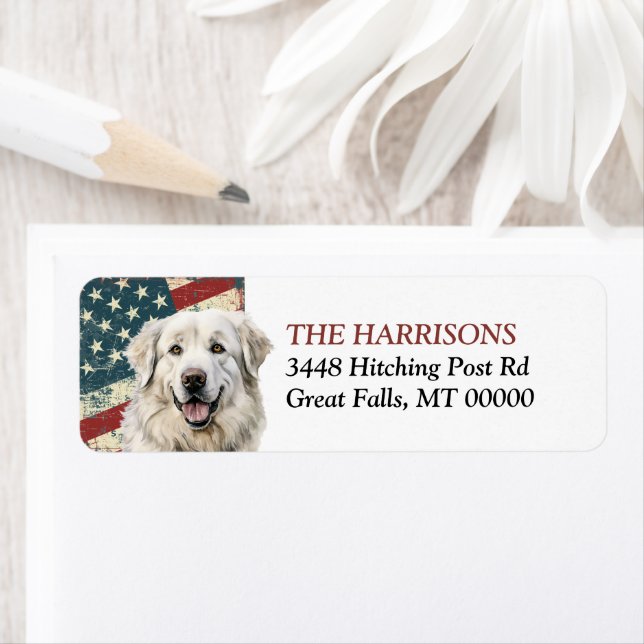 Etiqueta Cachorro Great Pyrenees com Bandeira dos EUA Grung (Insitu)