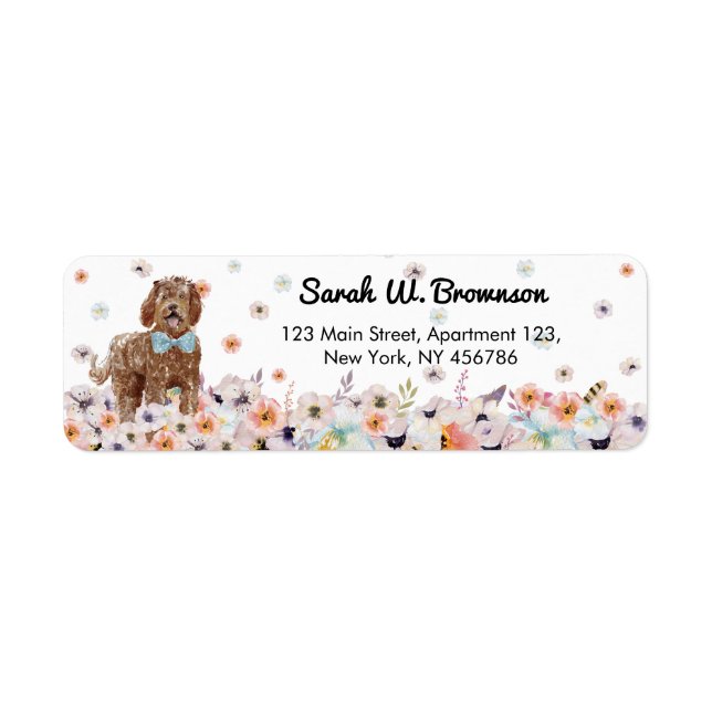 Etiqueta Cachorro Labradoodle com gravata azul fofa (Frente)