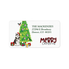 Etiqueta Cachorro Malamute no Alasca e árvore de Natal