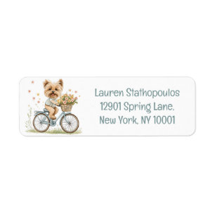 Etiqueta Cachorro Yorkie Fofo Andando de Bicicleta entre Fl