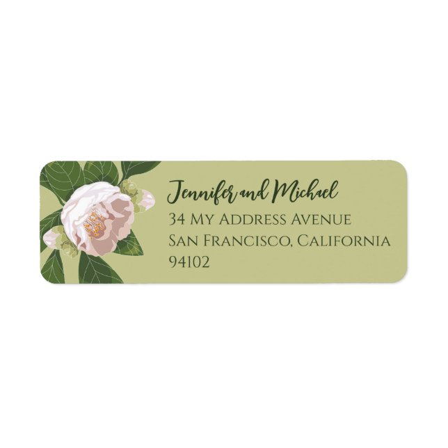 Etiqueta Camellia e Greenery Casamento Elegante Simples (Frente)