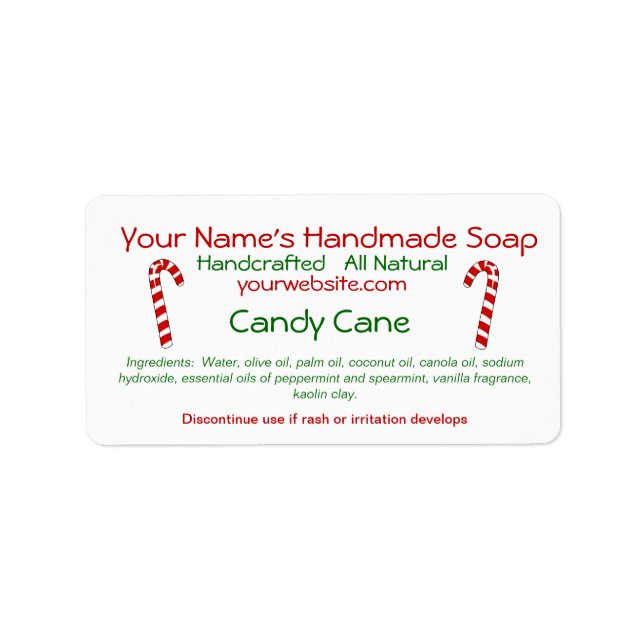 Etiqueta Candy Cane Handmade Christmas Soap Labs (Frente)