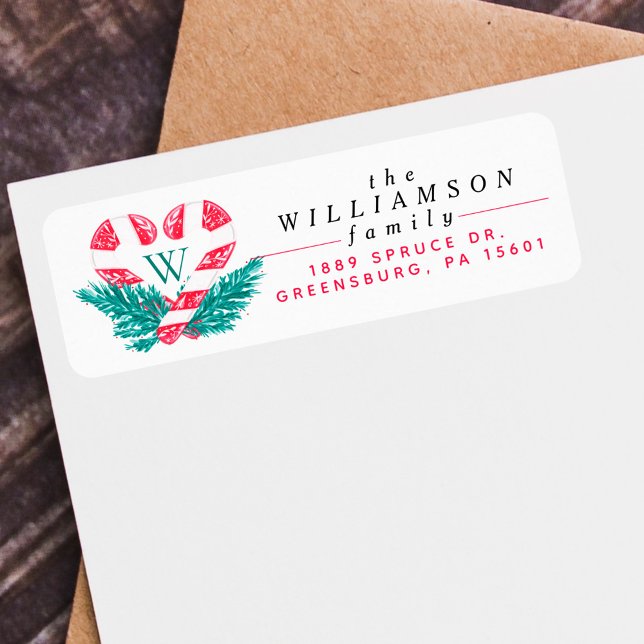 Etiqueta Candy Cane Heart Pine de Natal Verde (Candy Cane Heart Green Pine Christmas Crest Label)