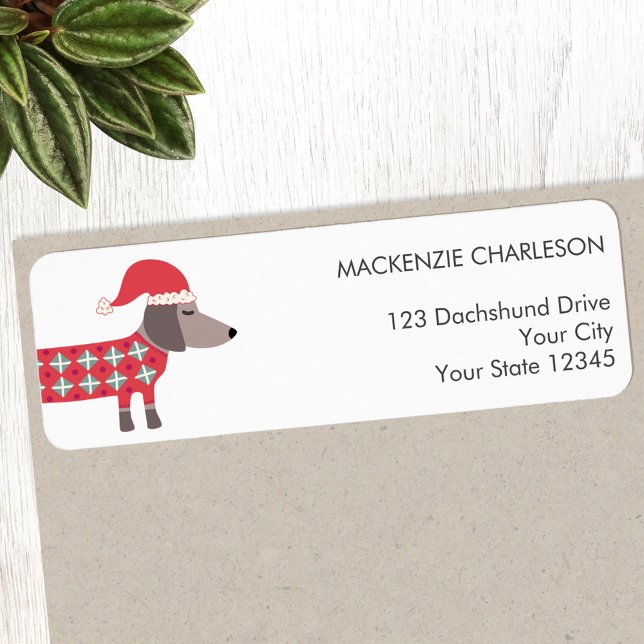 Etiqueta Cão de Dachshund no Endereço de Devolução do Chapé (Fun Dachshund Wiener Sausage Dog in a Christmas hat personalized return address label)