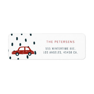 Etiqueta Carro vermelho engraçado sob feriados de inverno
