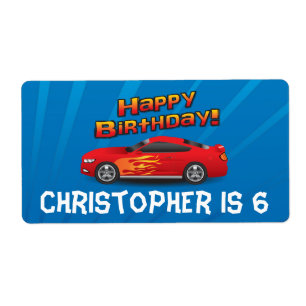 Etiqueta Carro vermelho quente com Festa de aniversário do 