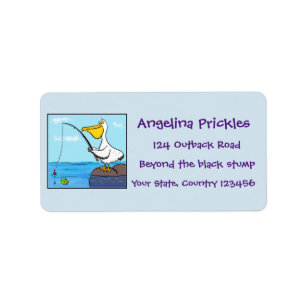 Etiqueta Cartoon pelicano de pesca engraçado