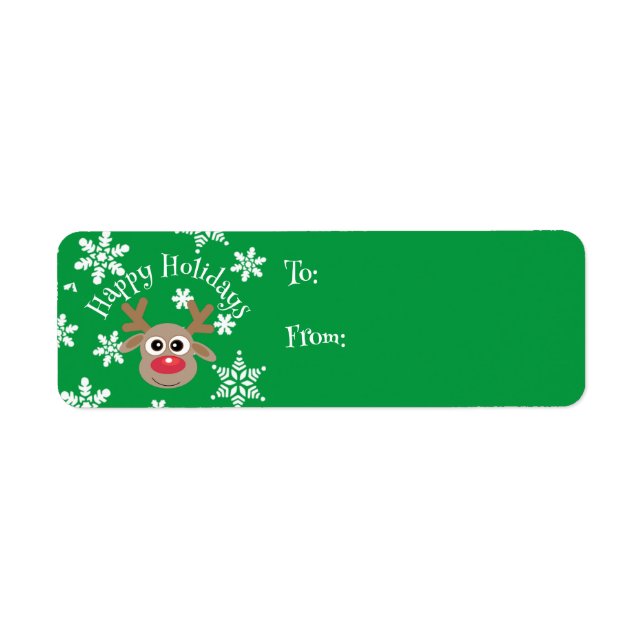 Etiqueta Cartoon Reindeer Snowflake Presente de Natal Verde (Frente)