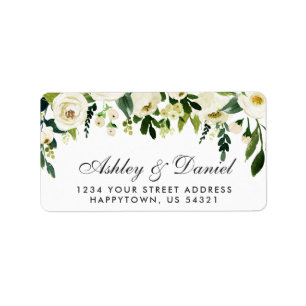 Etiqueta Casamento Branco Verde Floral de Watercolor