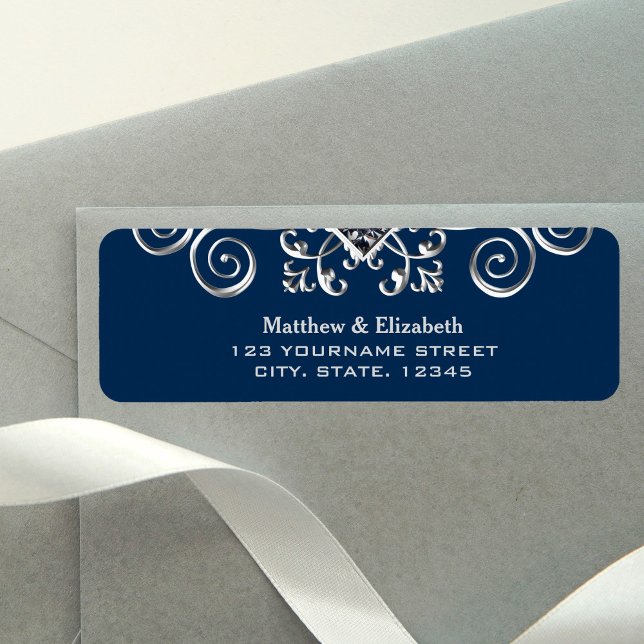 Etiqueta Casamento com Flores de Prata Azul-Marinho (Criador carregado)