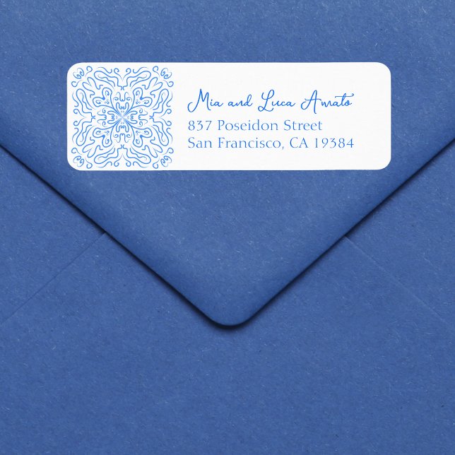 Etiqueta Casamento Costeiro Italiano Amalfi - Azulejo Azul  (Customizable blue tile address labels, adding an effortlessly elegant touch to your celebration.)
