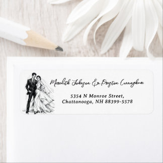 Etiqueta Casamento de Casal de Esboço de Carvão de Moda Mod