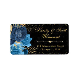 Etiqueta Casamento de Flores Azuis e Douradas em Aquarela