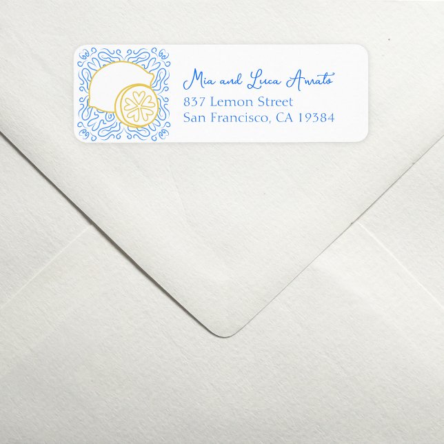 Etiqueta Casamento de luxo com limão-limão-Azulejo azul rom (Add a zesty twist to your mail with this chic lemon-themed address label—fresh, fun, and stylish.)