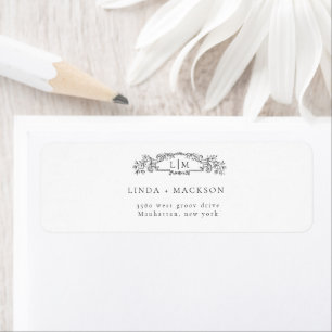 Etiqueta Casamento de monograma da crista botânica Elegante