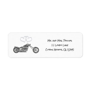 Etiqueta Casamento de motoqueiros com motocicleta e coraçõe