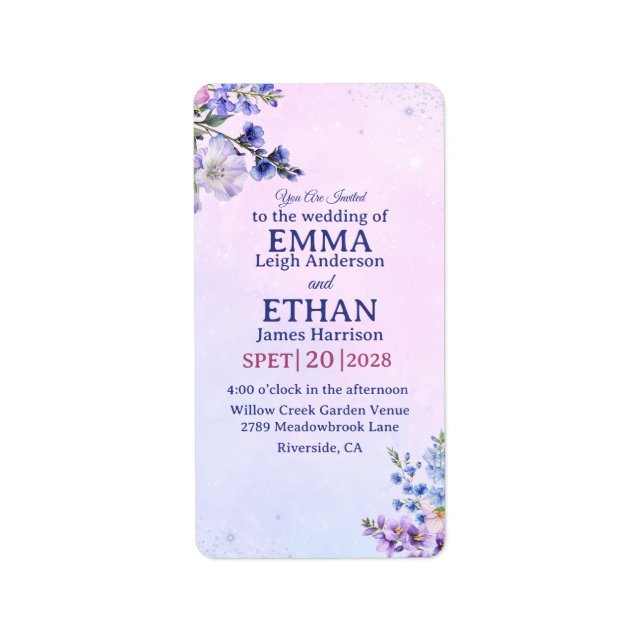 Etiqueta casamento de plum lavanda azul heather pervinca  (Frente)