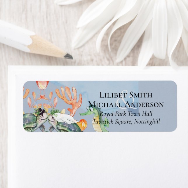 Etiqueta Casamento de tartarugas marinhas com noiva e noiva (Insitu)