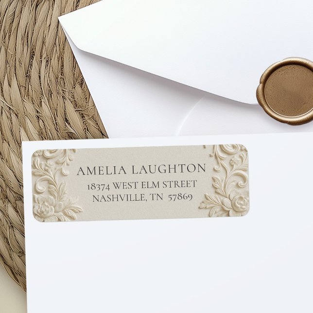 Etiqueta Casamento Elegante com Relevo em Marfim (Elegant Baroque Ivory Wedding Return Address Label)