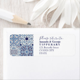 Etiqueta Casamento elegante de azulejos azuis | Rótulo de e