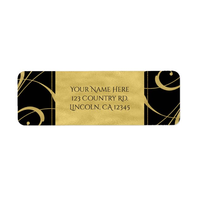 Etiqueta Casamento Elegante Dourado de Nave Floral Negra e  (Frente)