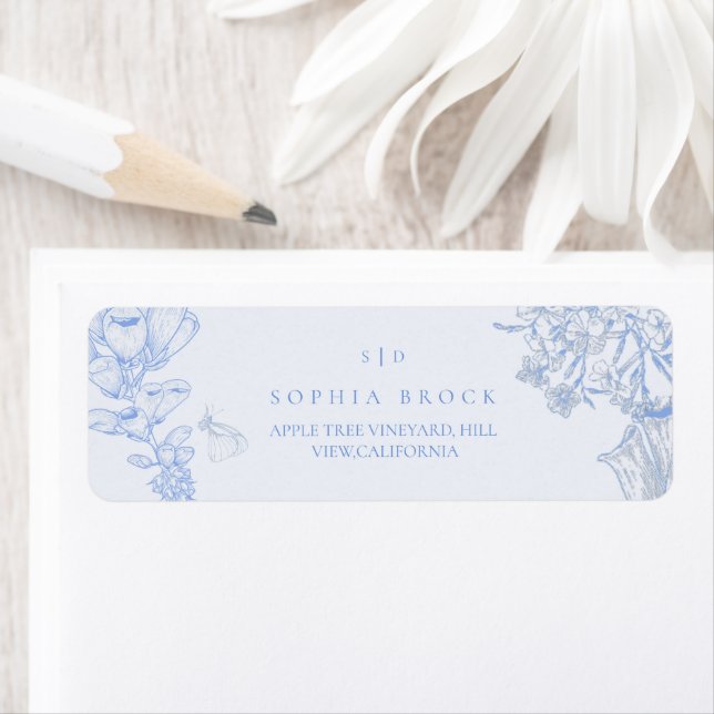Etiqueta Casamento Floral Azul Branco Francês (Insitu)