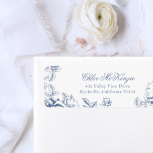 Etiqueta Casamento Floral Azul Clássico Elegante
