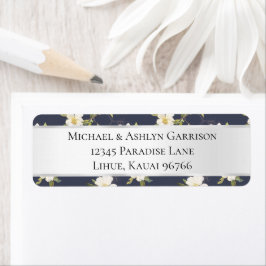 Etiqueta Casamento Floral Branco Azul Naval Romântico