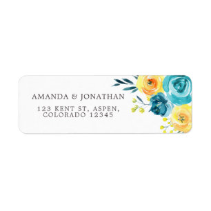 Etiqueta Casamento Floral com Aquarela Turquesa e Amarela